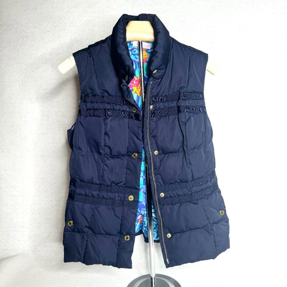 Lilly Pulitzer Isabelle Midnight Navy Down Vest Blue Iris Mai Tai Lining Size S - Picture 6 of 13